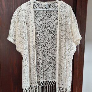 Cream Lace Kimono Cardigan with Fringe Bottom